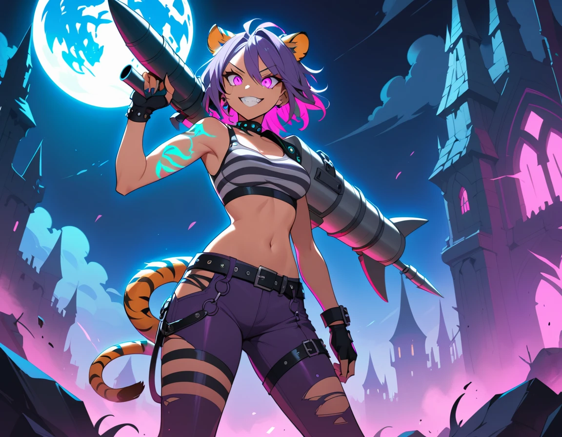 Mulher híbrida de tigre em estilo anime segura um lançador de foguetes em forma de tubarão na varanda de um castelo