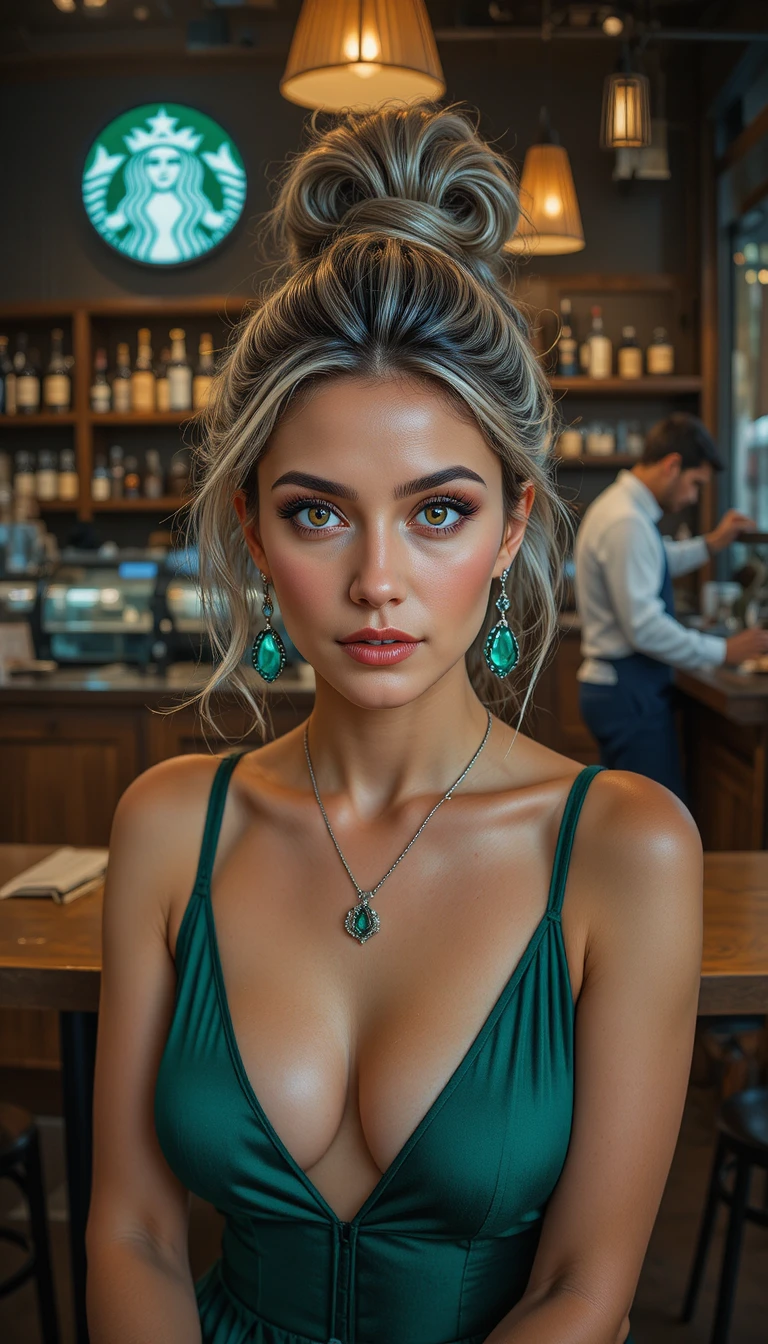 Retrato em close de uma mulher de cabelos prateados sentada em um café