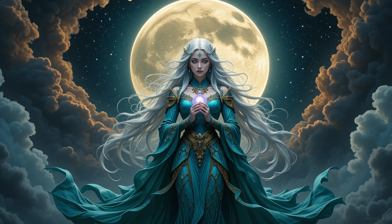 奇幻女子佇立於浩瀚月亮下的天穹之中