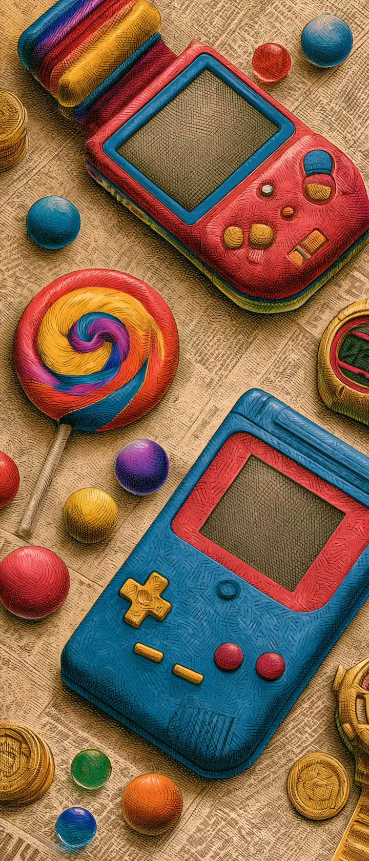 Vintage handheld game console on an aged newsprint flat lay