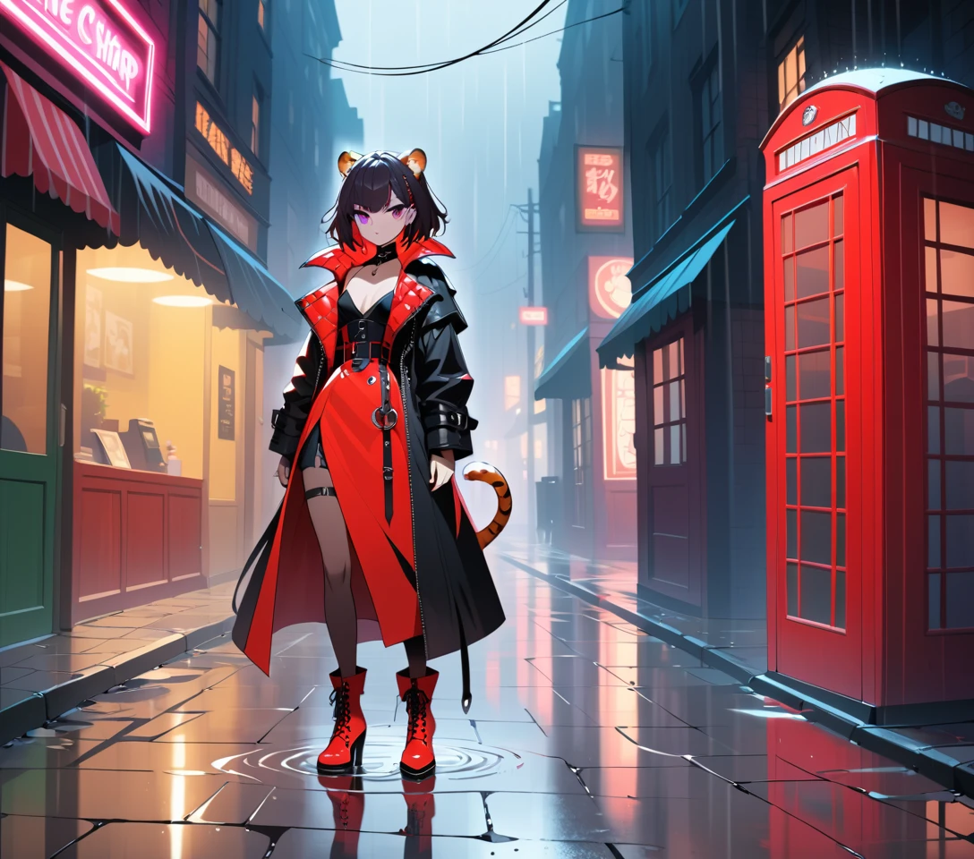 Anime Tiger Girl Stands in Rain on a Midnight London Street