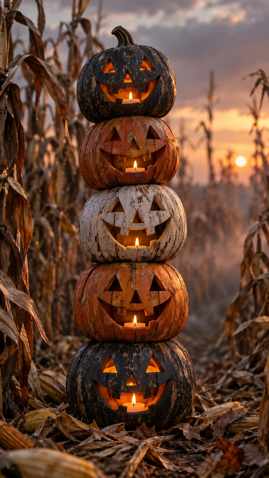 Cinco abóboras de Halloween esculpidas brilham ao anoitecer em um milharal seco