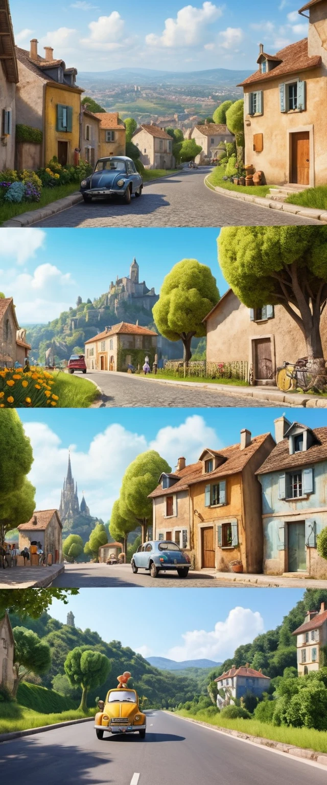 フランスの村で、粘土のキャラクターと観客がツール・ド・フランスのコース沿いに並ぶ