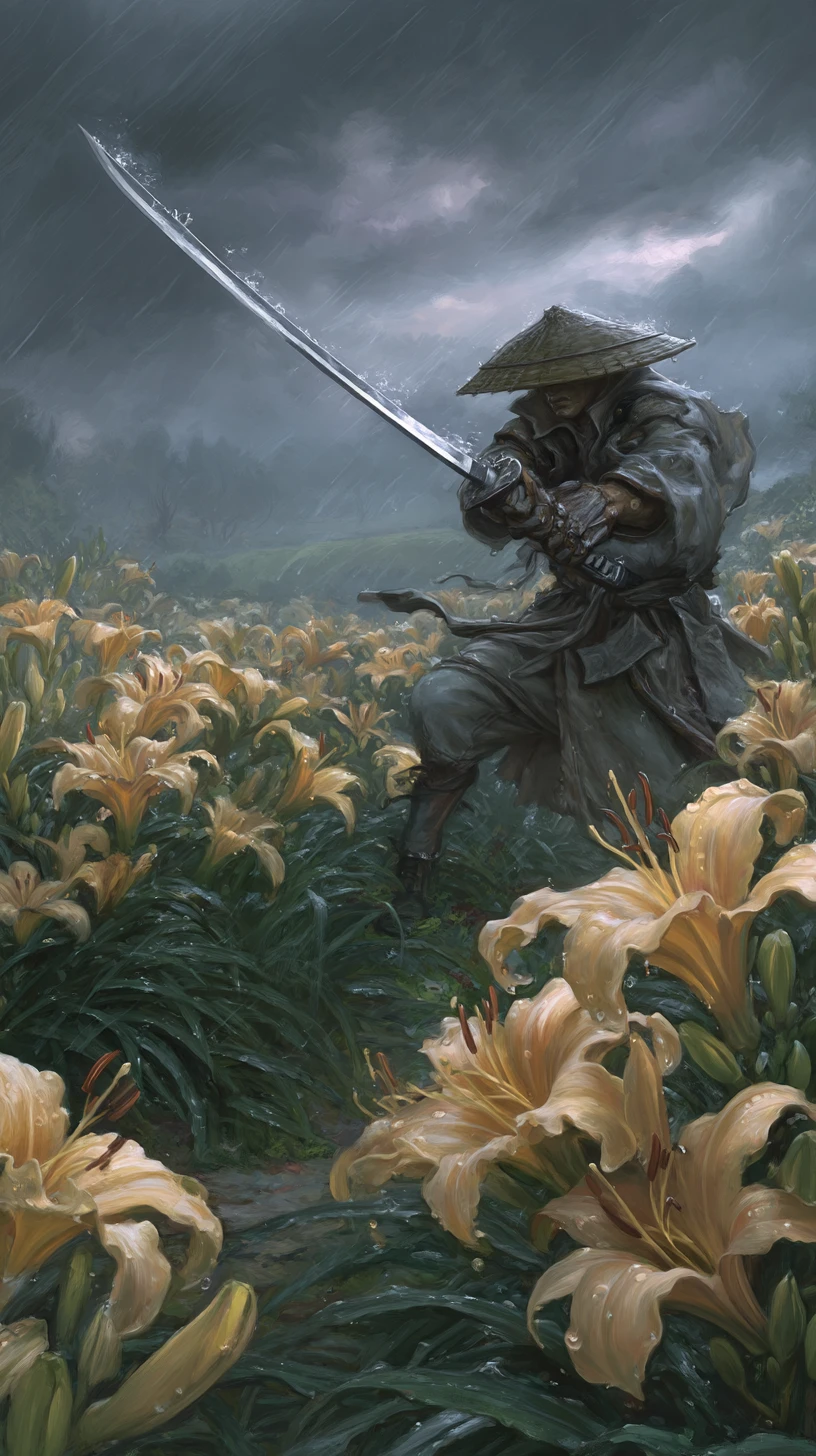 盛開的百合花間，斗笠浪人迎雨而立