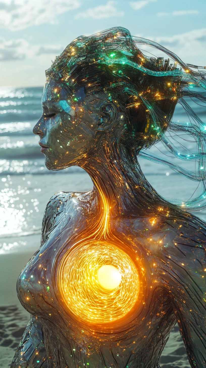 Uma deusa cyberpunk de frente numa praia futurista, com um núcleo luminoso