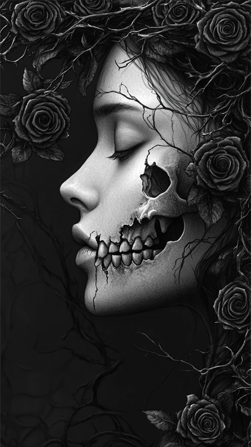 O perfil de uma mulher se funde com um crânio humano em monocromia