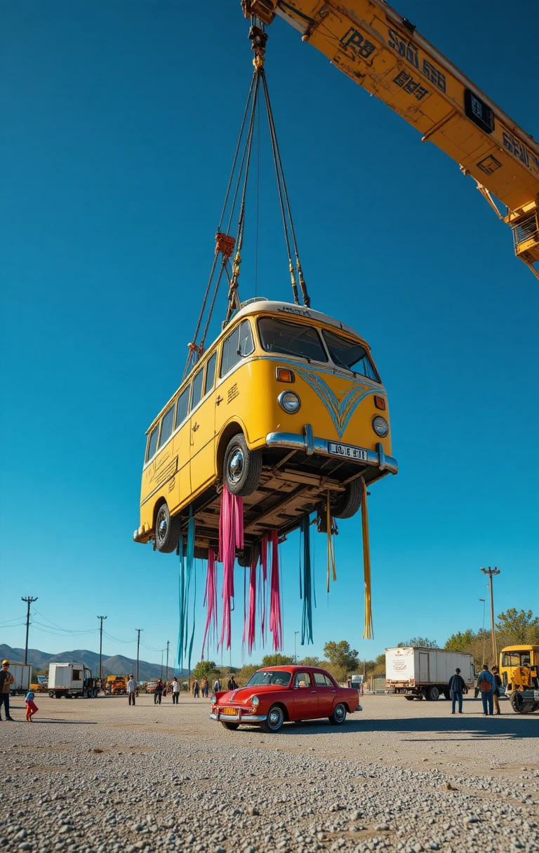 A vintage bus hangs from an industrial crane beneath a blue sky