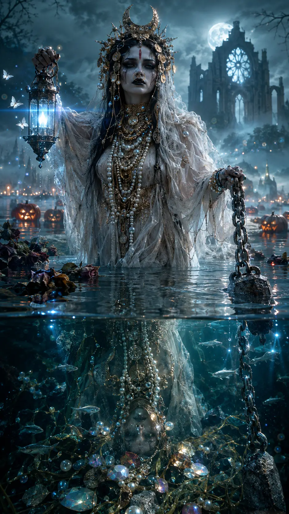 A Spectral Bride Wanders Through Winter Fog Beside a Mirrored Lake