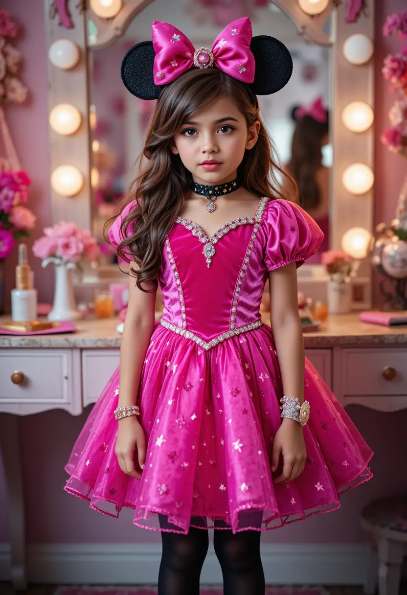 A nervous Hispanic tween boy pouts before a vanity in a Minnie Mouse costume
