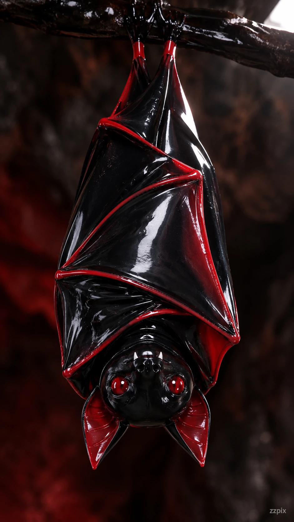 A glossy black latex bat hangs upside down against a shadowy cave ceiling