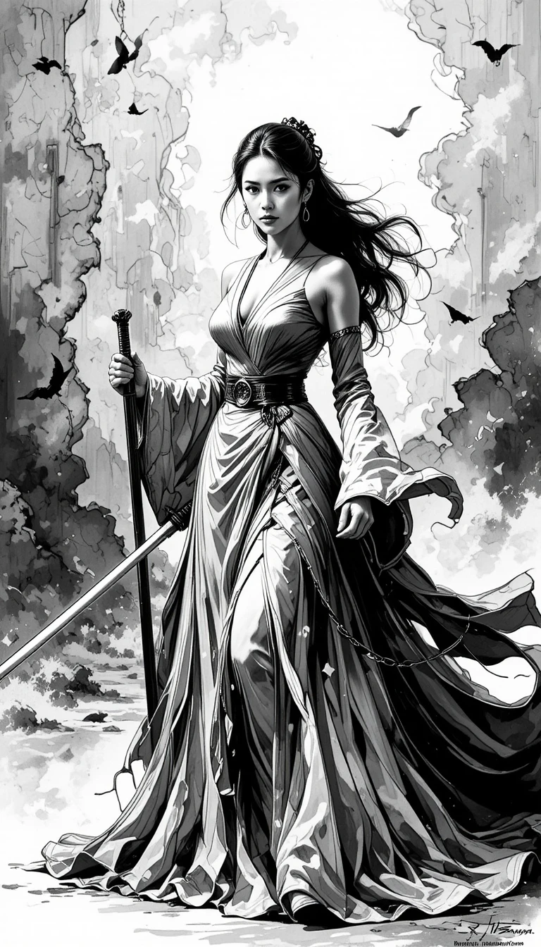 Uma mulher determinada segura uma espada e veste um elegante vestido