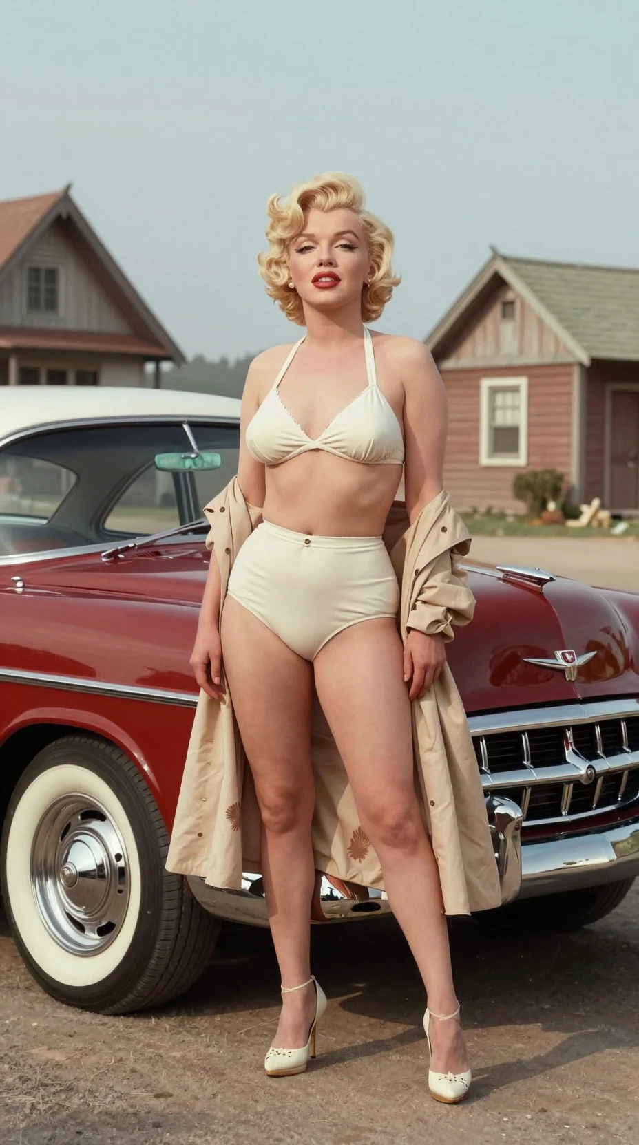 Marilyn Monroe sorri ao lado de um clássico carro americano sob a luz do sol