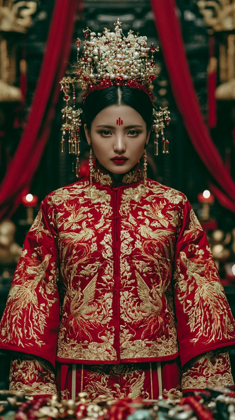 Uma nobre chinesa em seda vermelhão e com uma coroa de fênix