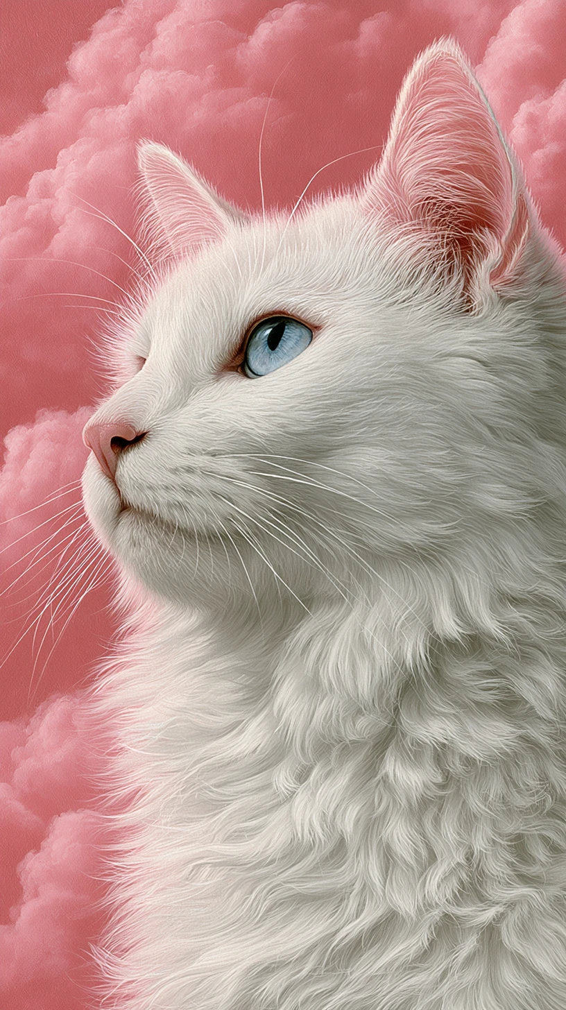 Un chat blanc aux yeux bleus devant des nuages roses
