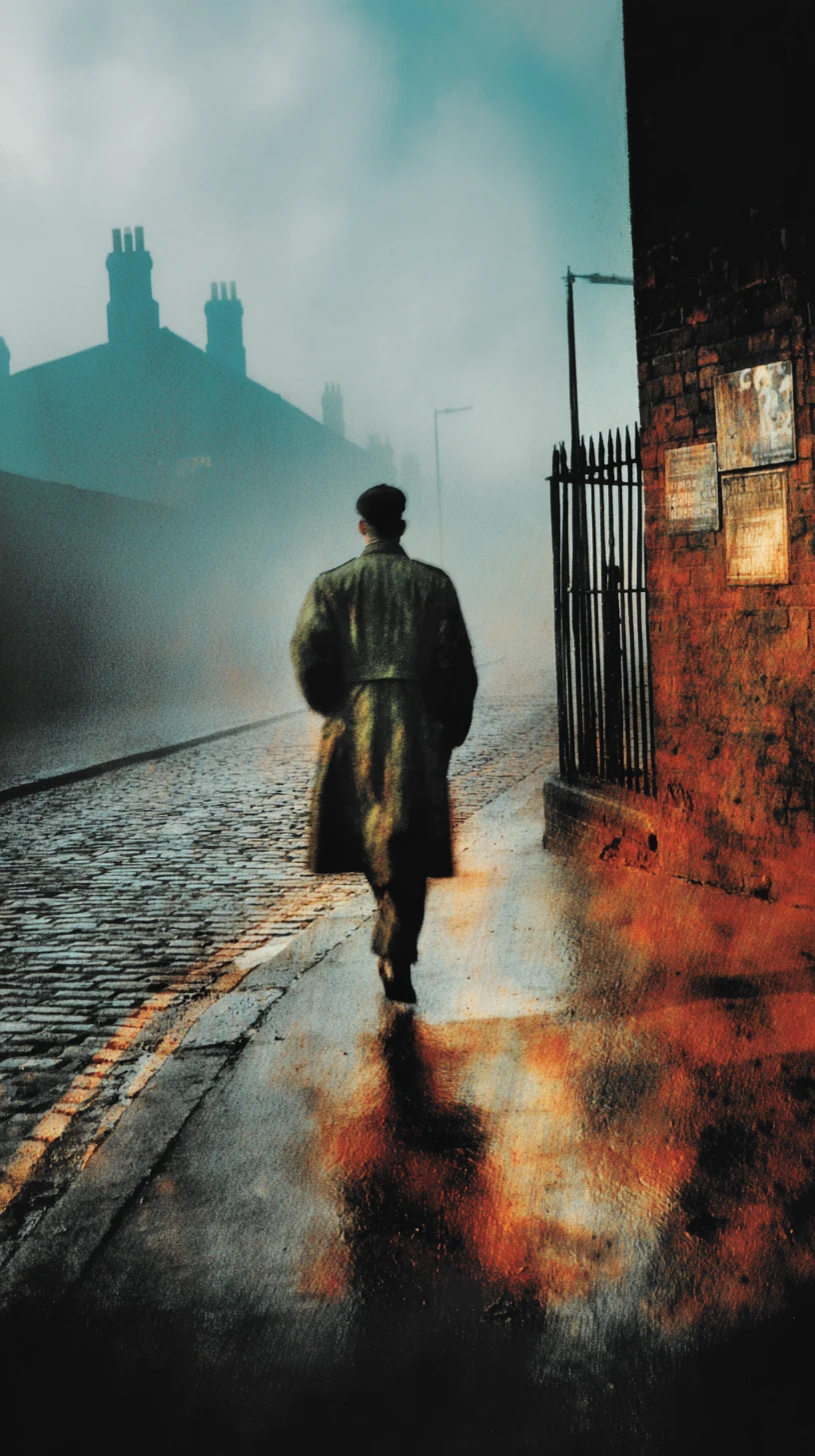 Uma figura exausta entre paralelepípedos encharcados pela chuva e as sombras brutalistas de Londres
