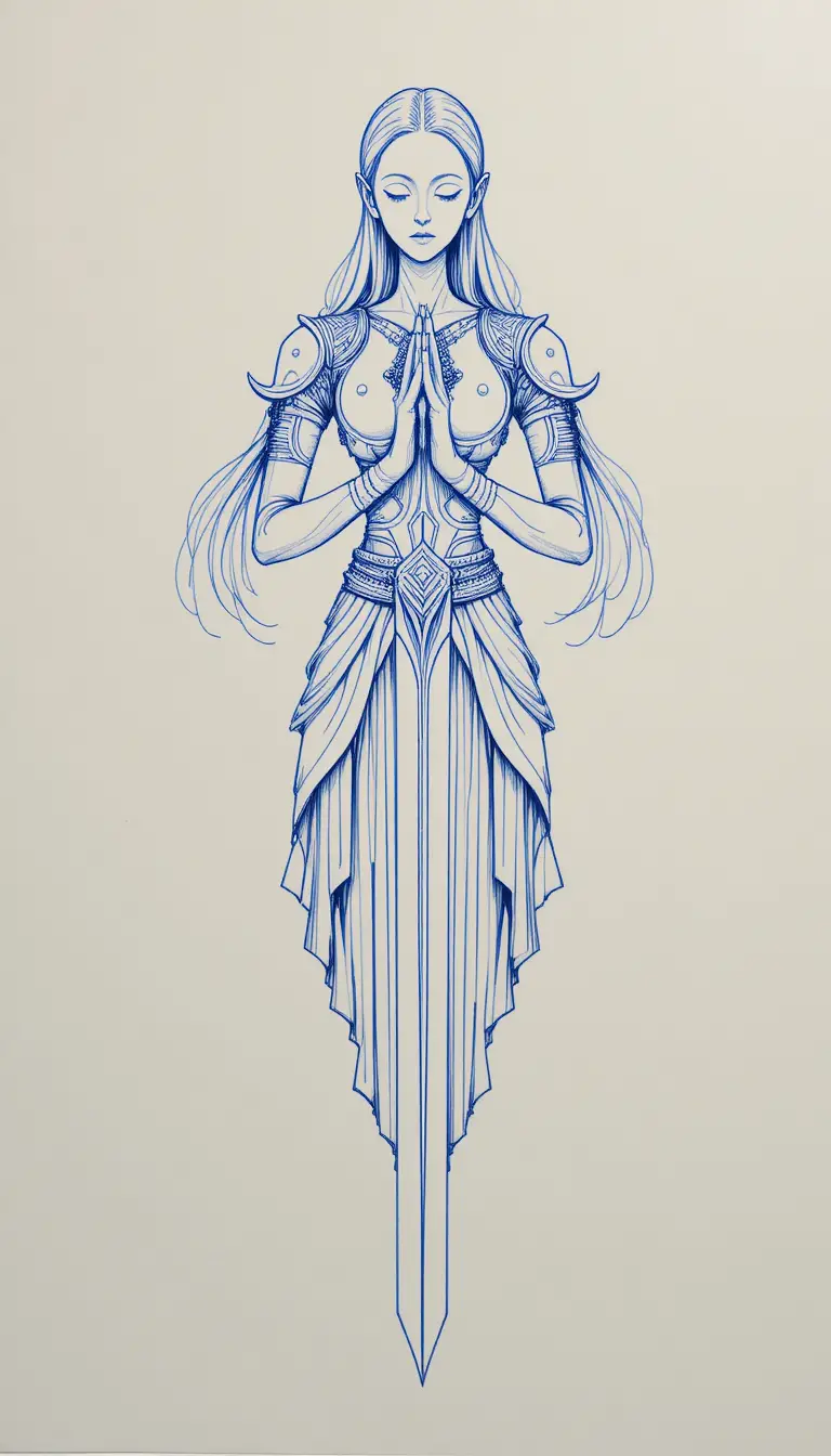 A human figure transforms into a sword in a symmetrical ink drawing