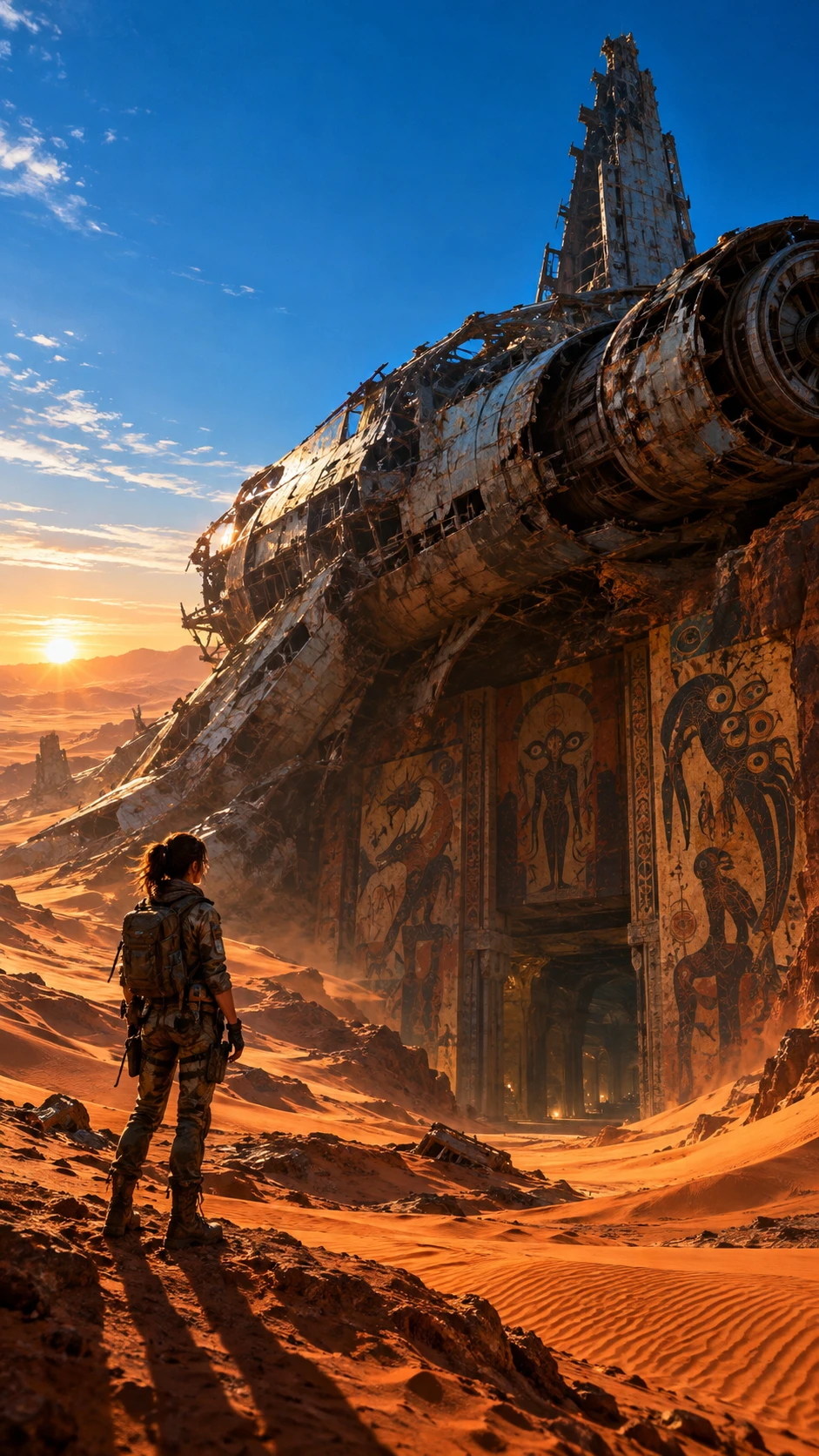 Um colossal destroço de nave espacial enterrado num vasto deserto ao pôr do sol