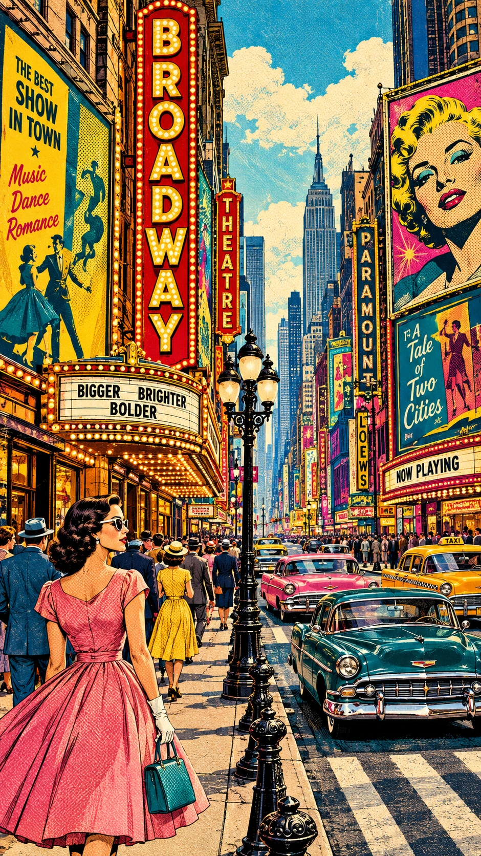 Eine belebte Broadway-Straße der 1950er-Jahre, gesäumt von hoch aufragenden Theaterreklamen