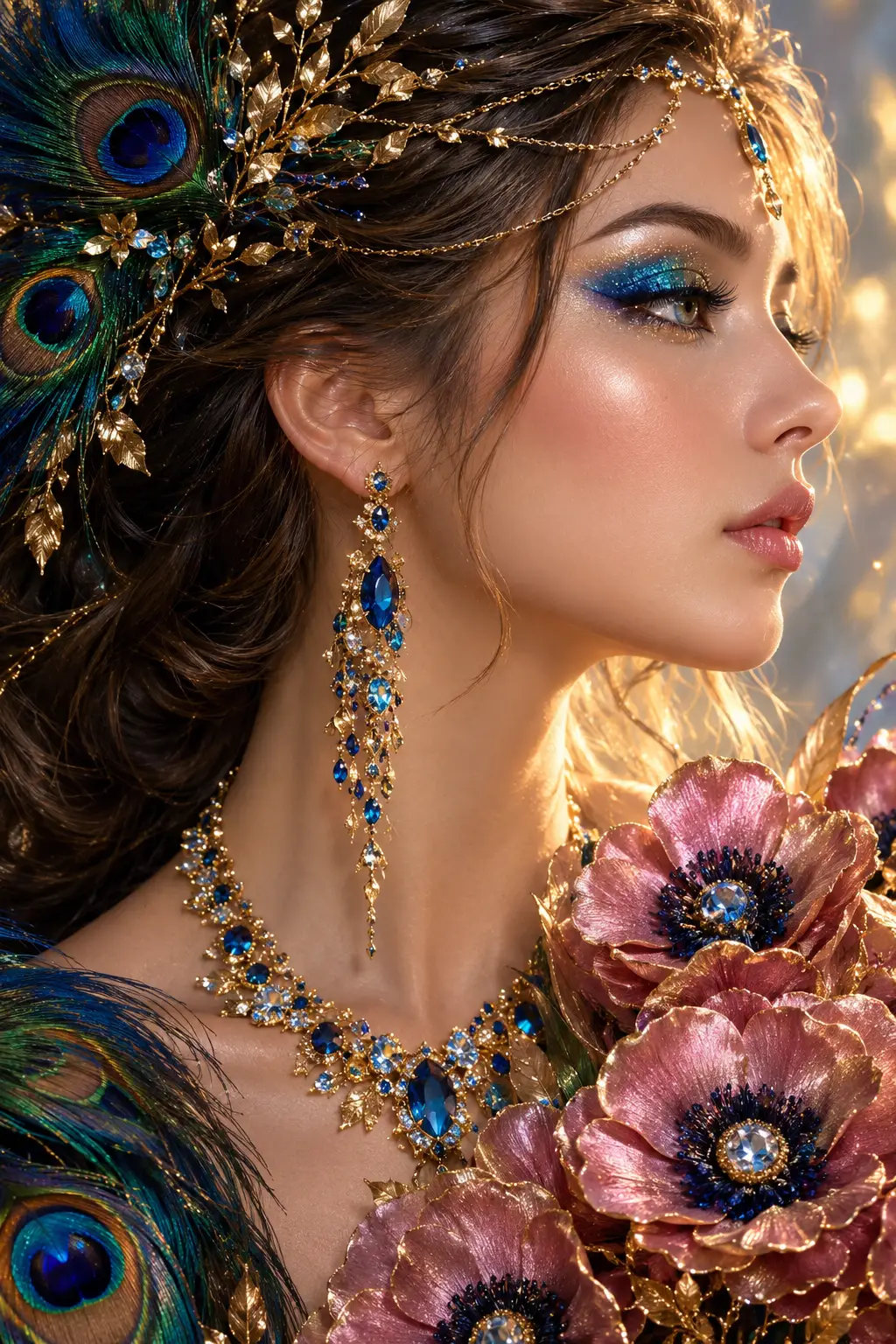 Une femme majestueuse de profil, parée d'or et de plumes de paon