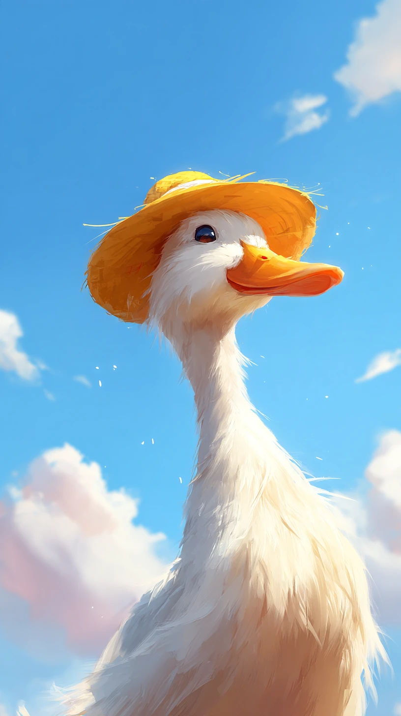 Um pato bondoso de chapéu amarelo sob um céu azul salpicado de nuvens