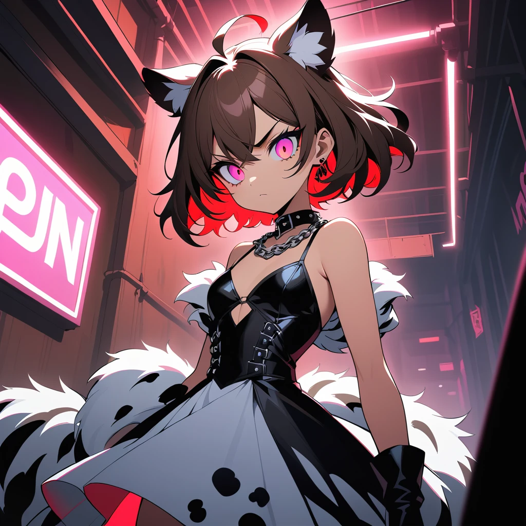 Garota-tigre de anime desfila por uma passarela de moda industrial iluminada por neon