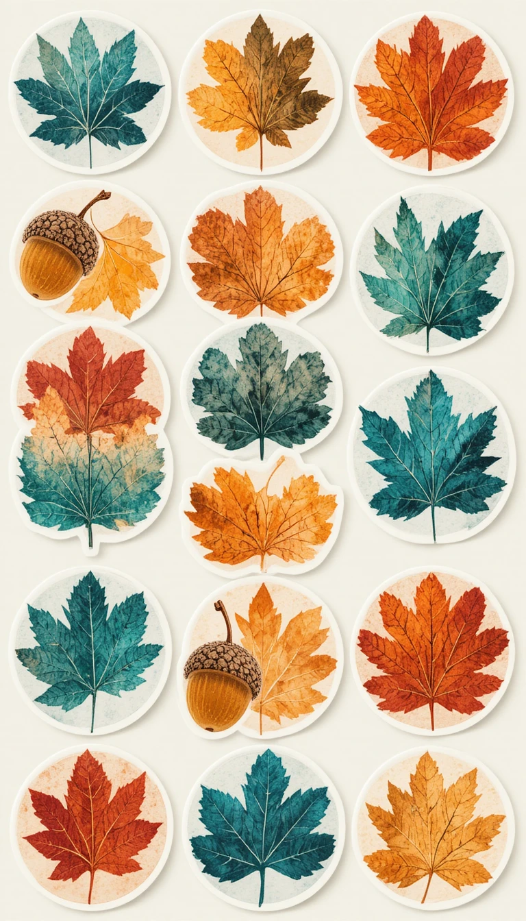 Adesivos de folhas de outono e bolotas em estilo risográfico de duas cores