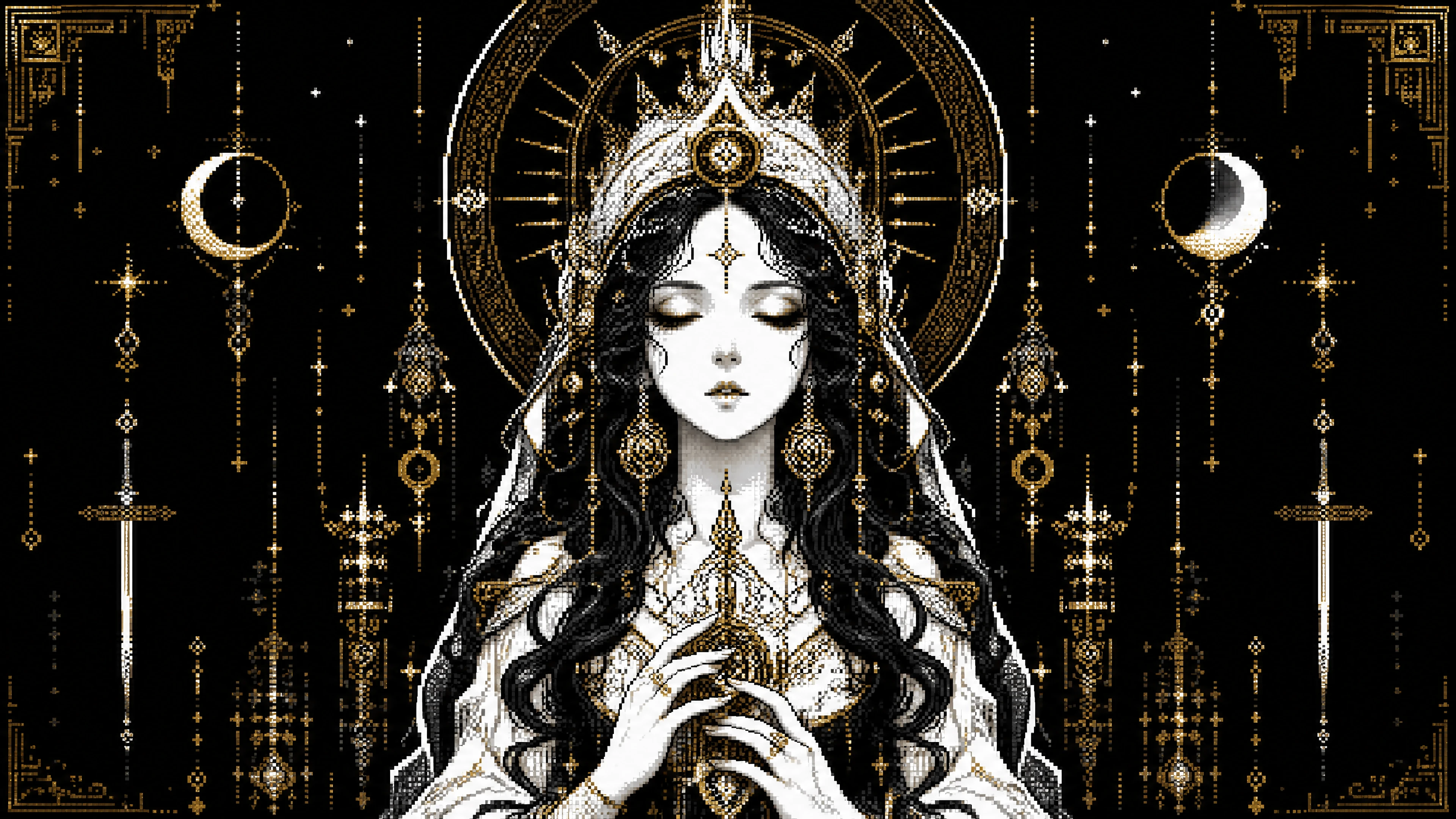 Uma mulher mística em arte pixelada monocromática com detalhes dourados