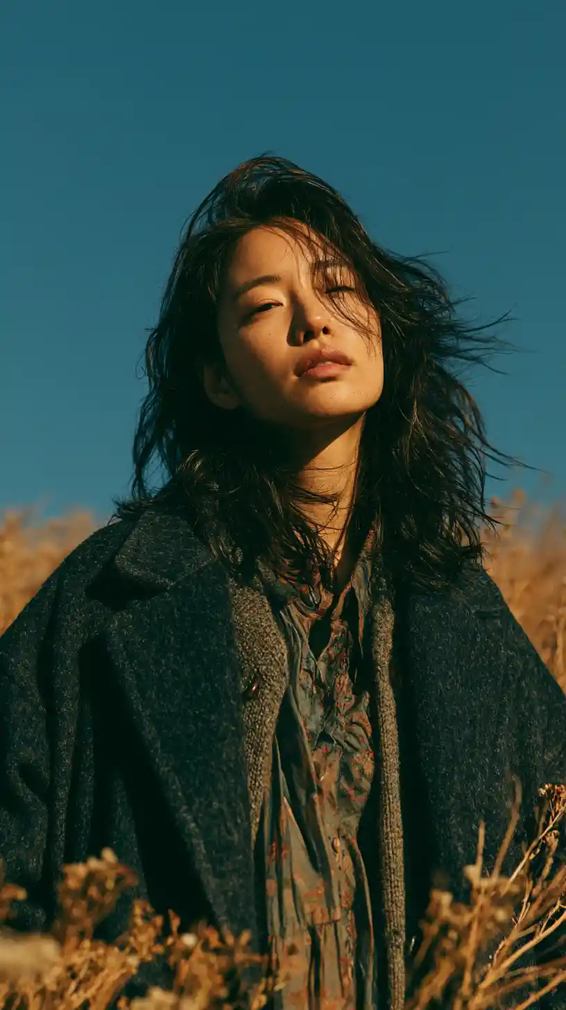 廣闊天空下，獨自佇立於野花草原上的年輕東亞女性