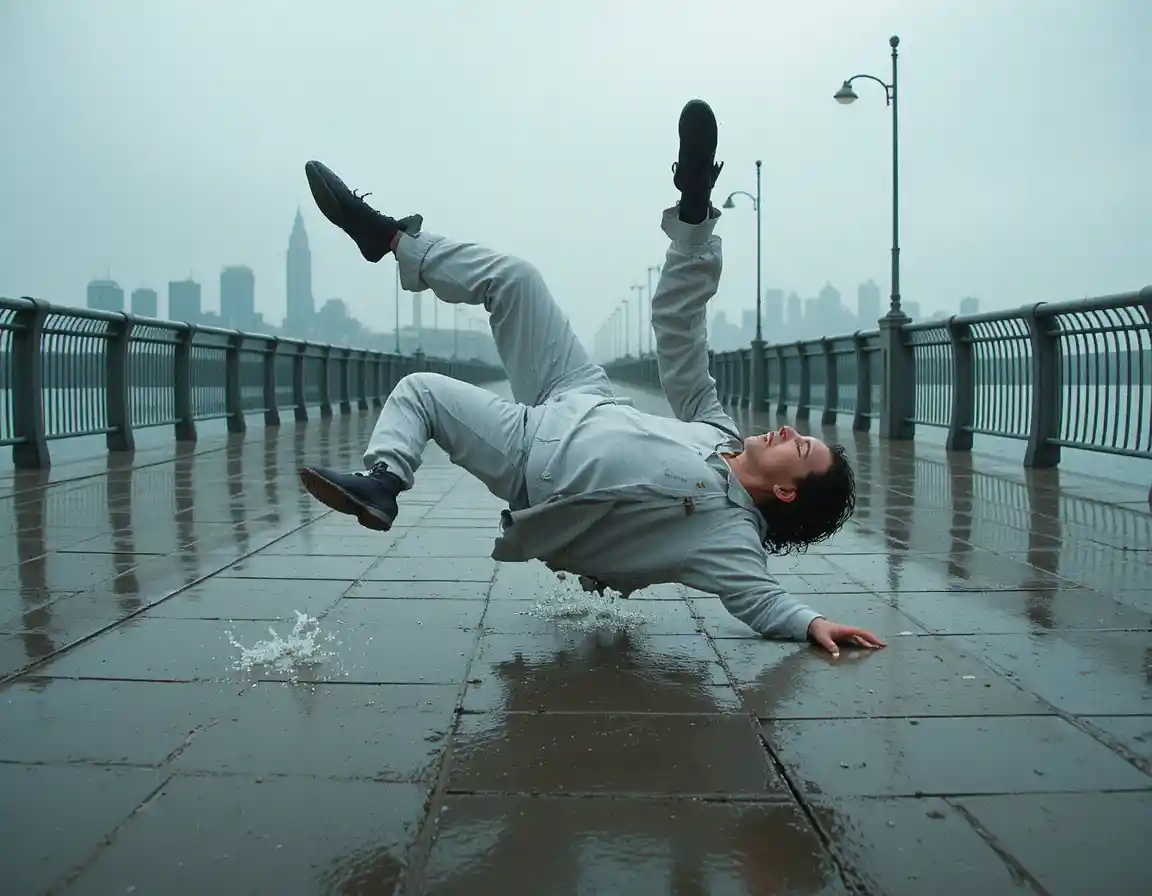 一名身穿白衣的人摔倒在雨水濕滑的步道上