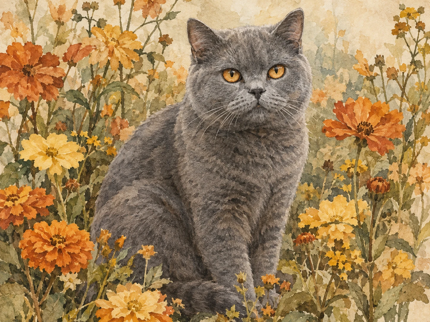 Gatto British Shorthair grigio seduto tra fiori dai toni tenui dell'arancione e del giallo