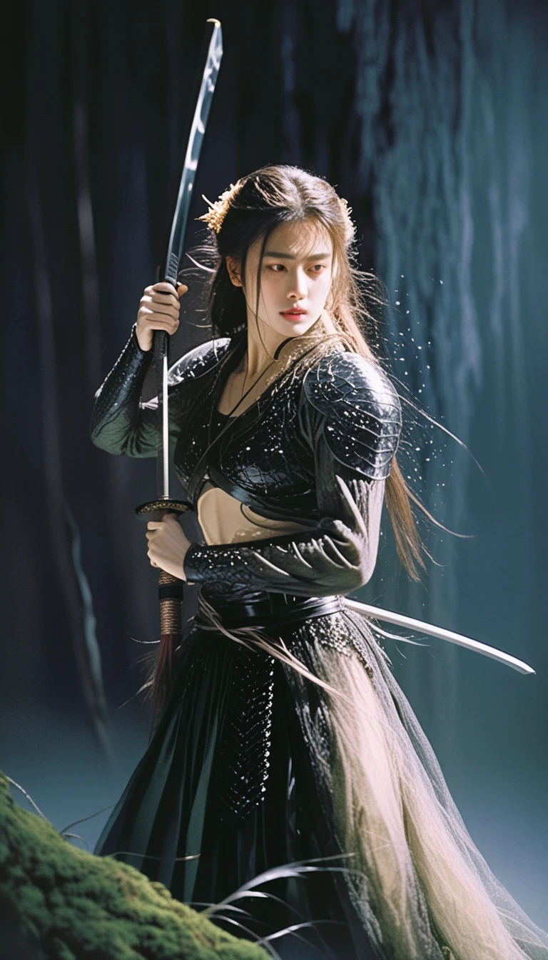 A female warrior kneels beneath a forest waterfall with her katana