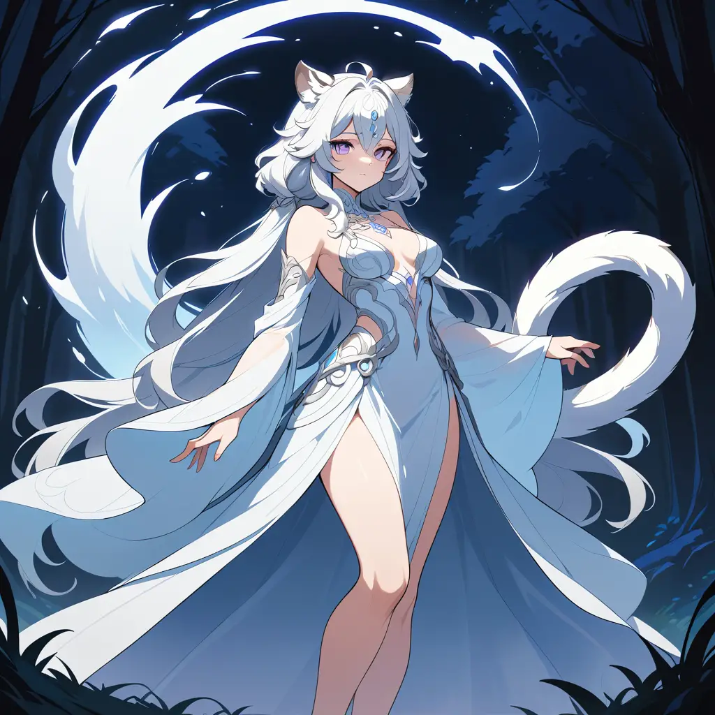 A tiger hybrid woman floats beside a moonlit country road at night