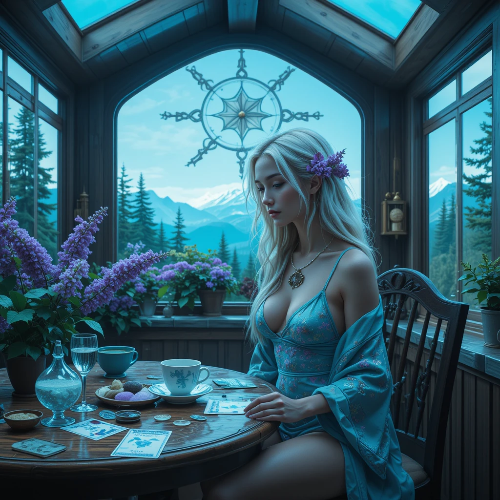 Uma mulher loira de fantasia contempla uma xícara em uma cozinha nas montanhas