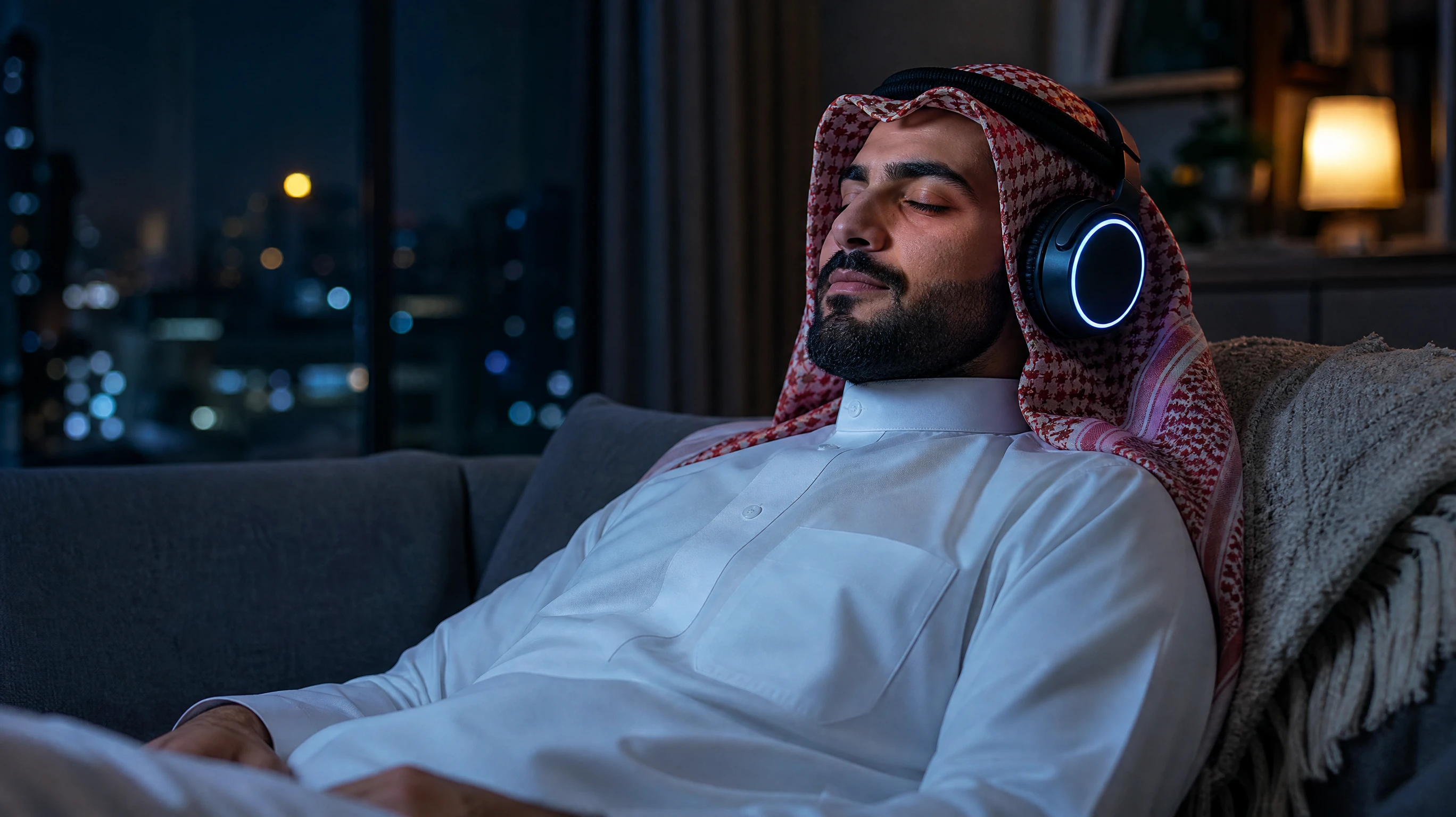 Homem do Médio Oriente relaxa de thobe e keffiyeh, usando auscultadores