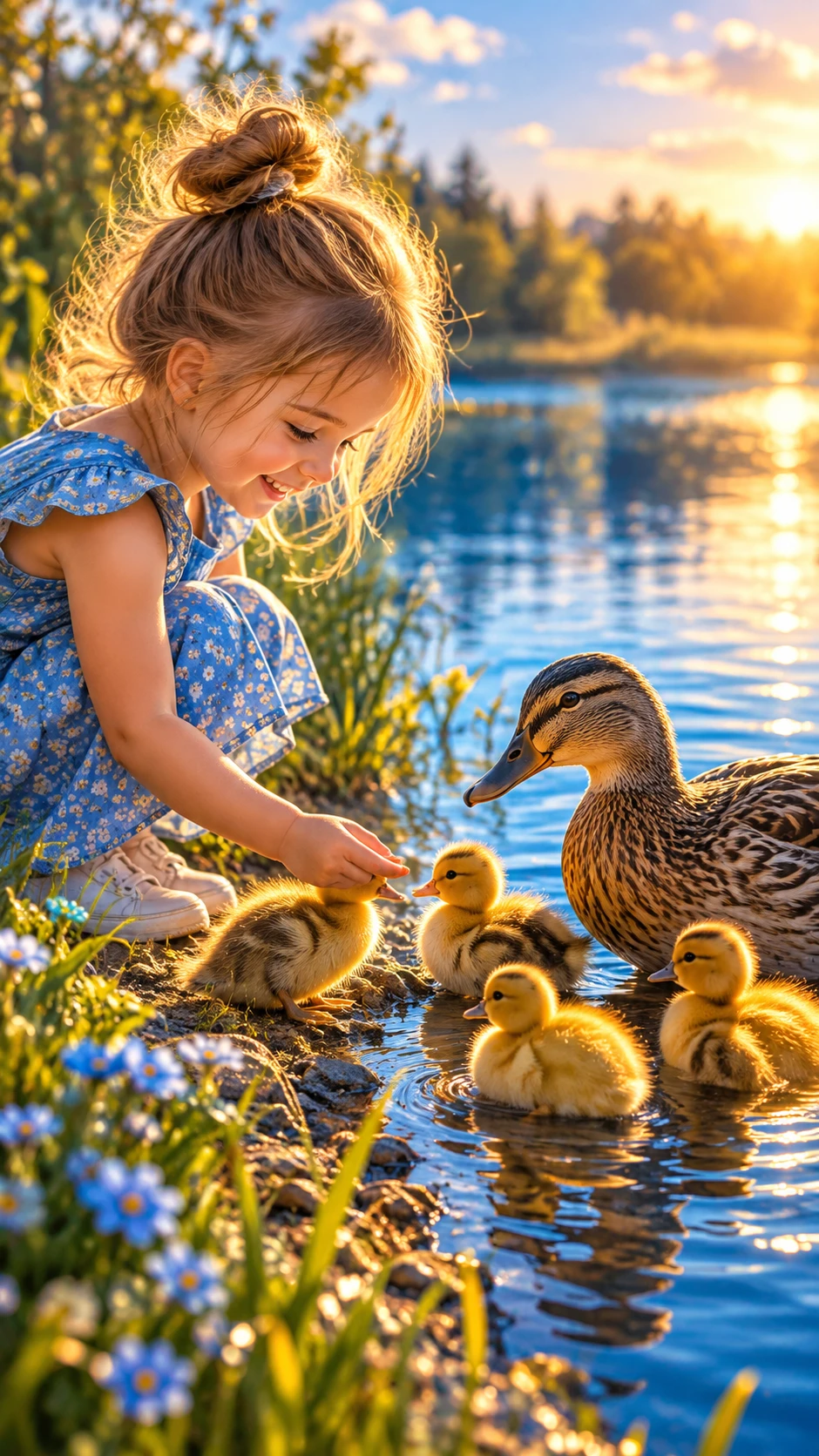 Uma menina conhece uma mamãe pata e seus patinhos