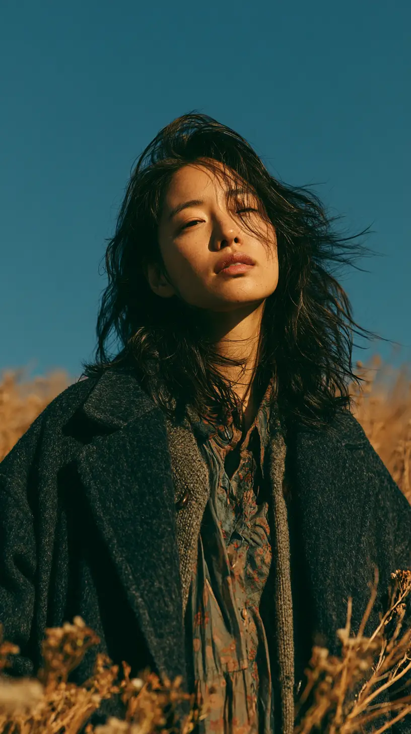 廣闊天空下，獨自佇立於野花草原上的年輕東亞女性