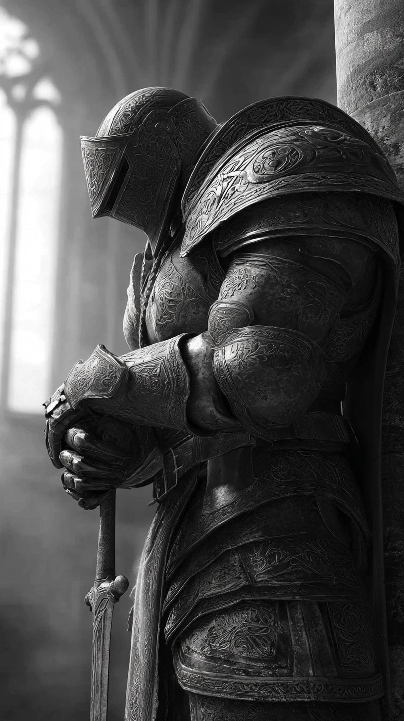 A Medieval Knight Dons Dark Armor Inside a Stone Armory at Dawn