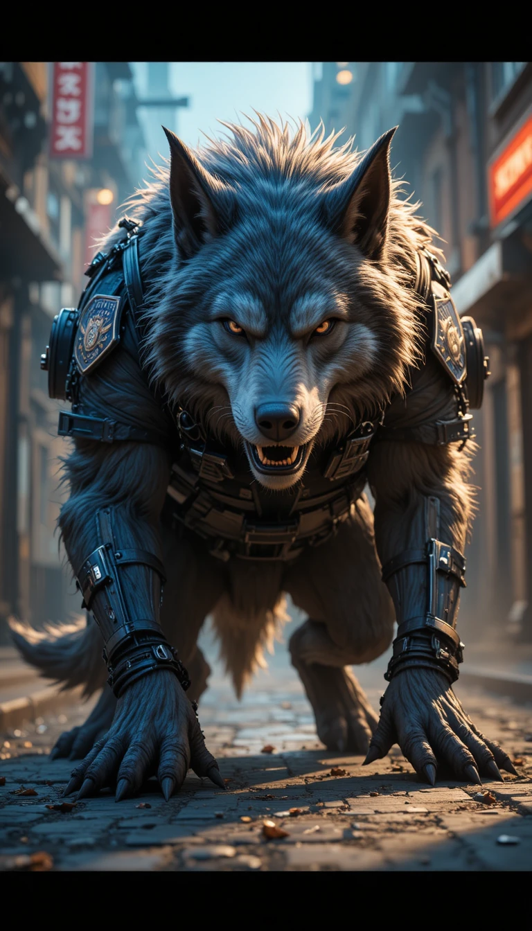 Um cão policial lobisomem fareja o chão numa rua urbana