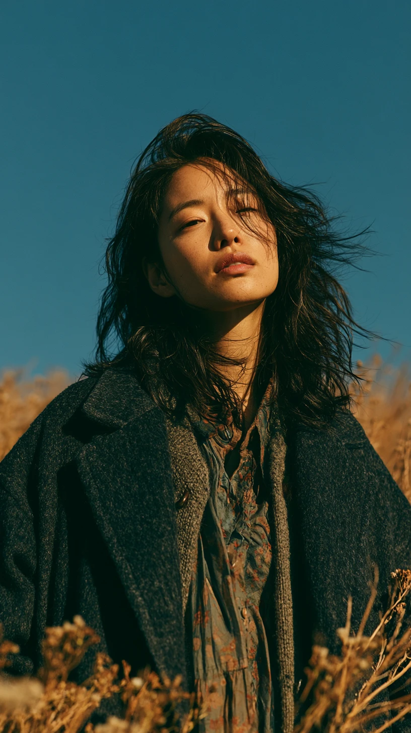 Young East Asian woman standing alone in a wildflower meadow beneath a vast sky