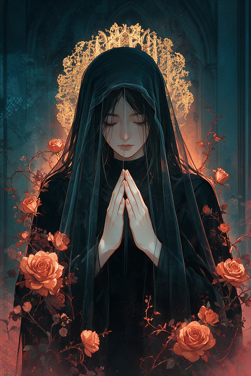 Mulher gótica de anime emoldurada por flores diante de um fundo verde-azulado envolvente