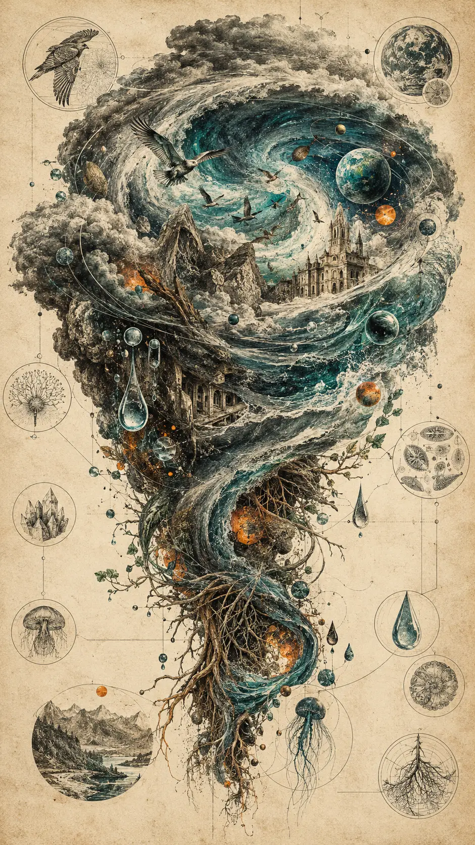 Uma tempestade em espiral suspensa como um espécime científico surrealista