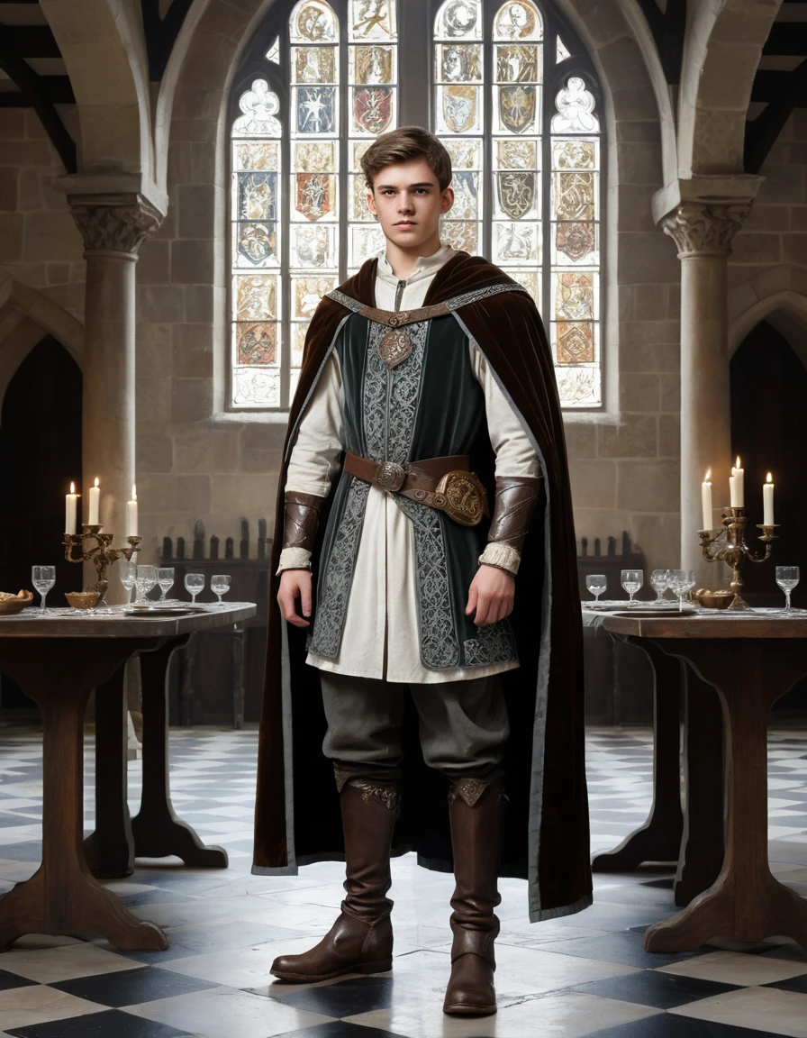 Un jeune noble pose dans la grande salle d’un château, vêtu d’une tenue brodée