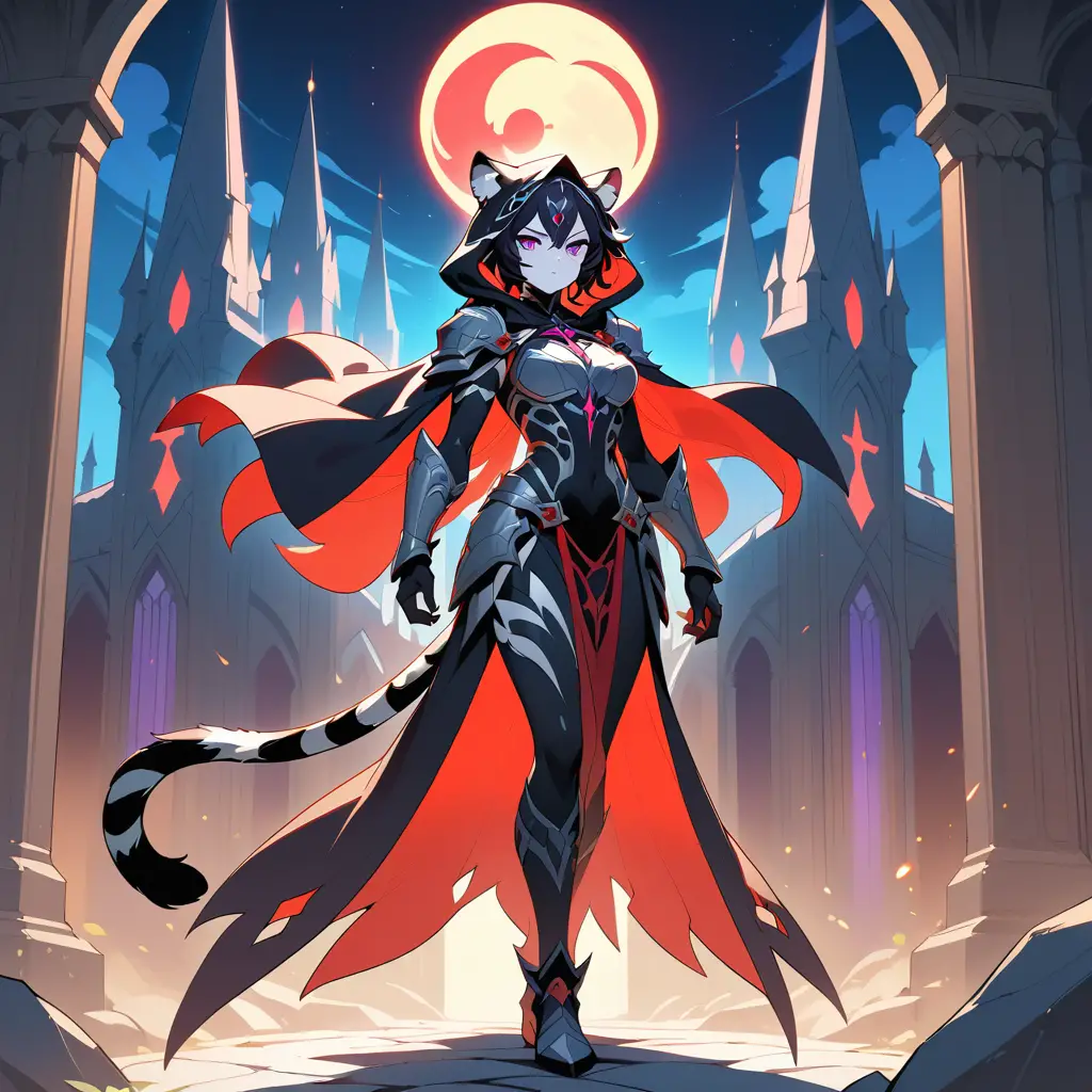A tiger hybrid warrior stands on a gothic cathedral balcony
