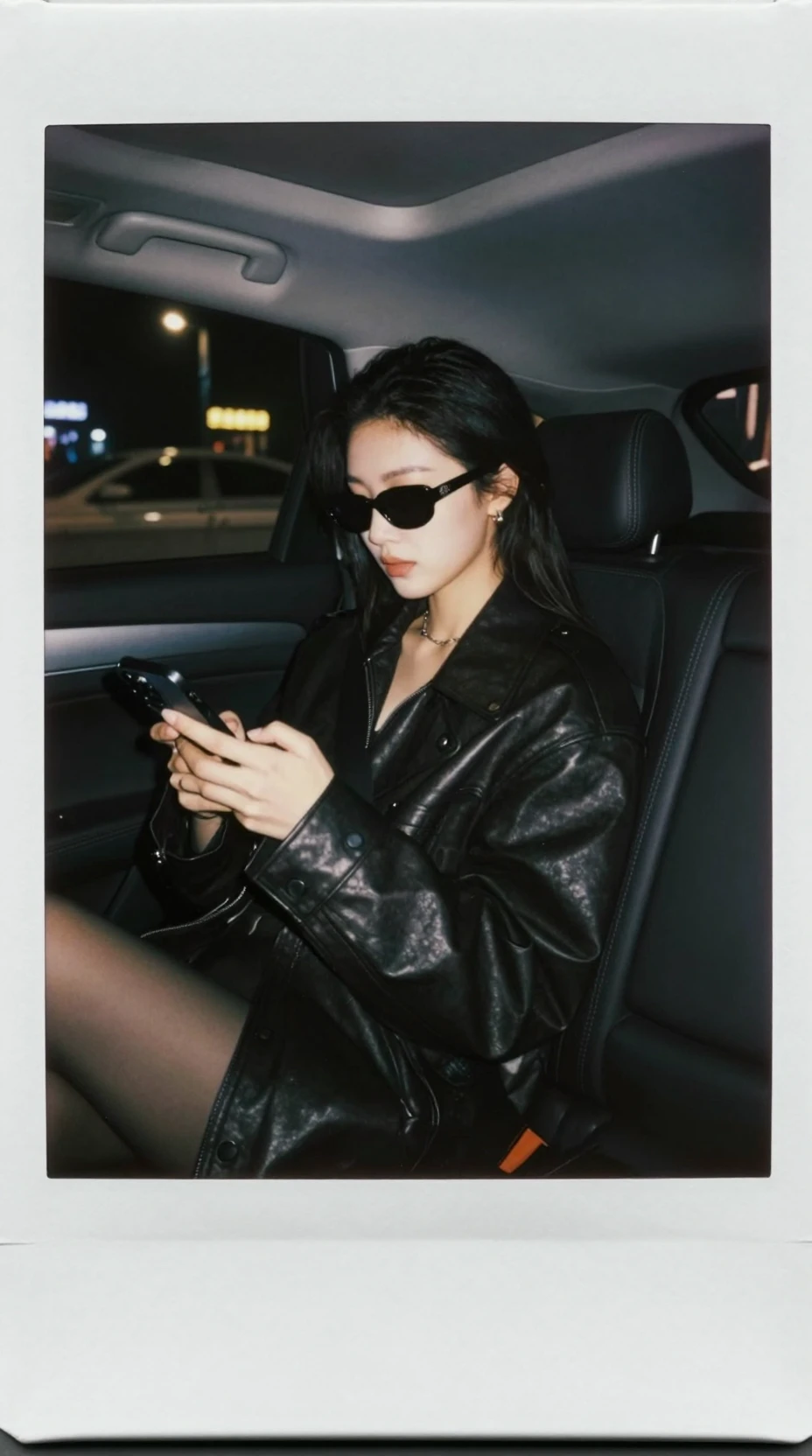 밤에 고급 자동차 안에서 휴대폰을 확인하는 젊은 여성
