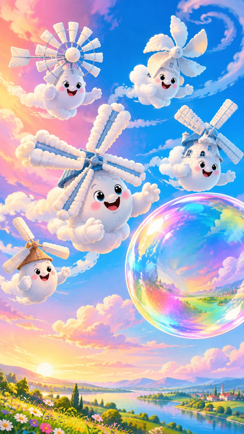 Nuvens em forma de moinho perseguem uma enorme bolha iridescente pelo céu