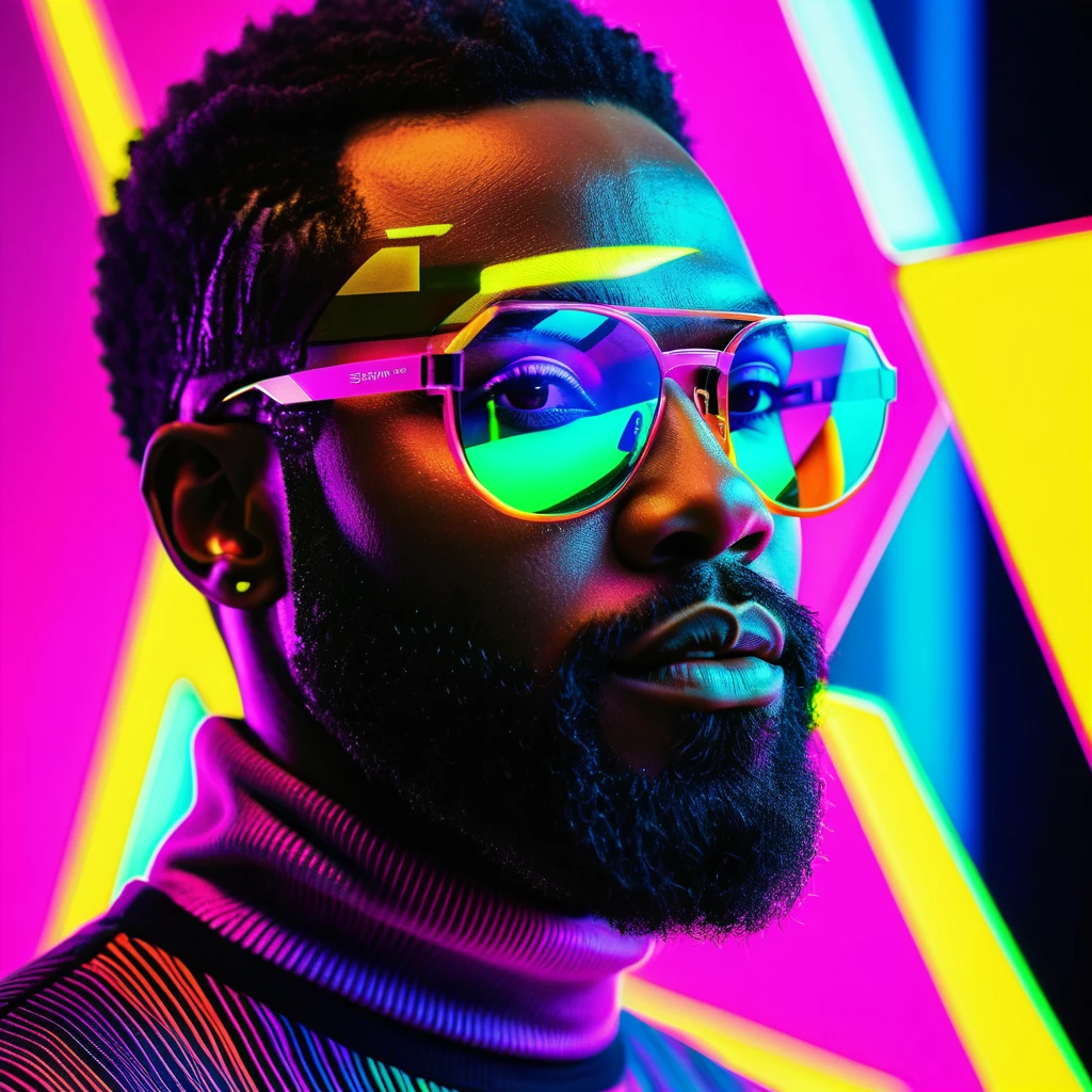 A Bearded Black Man in Magenta Sunglasses and Neon Light