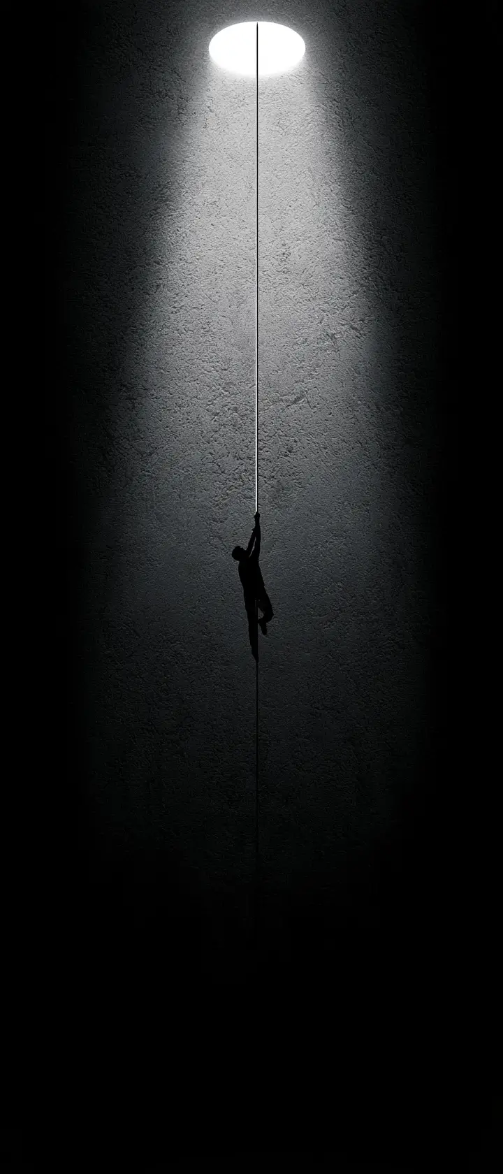 A Silhouetted Climber Ascends a Glowing Cable Toward a White Light