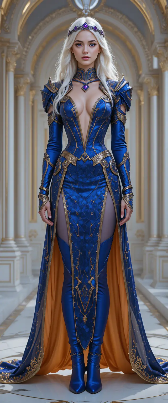 A serene fantasy goddess stands before a white and gold palace