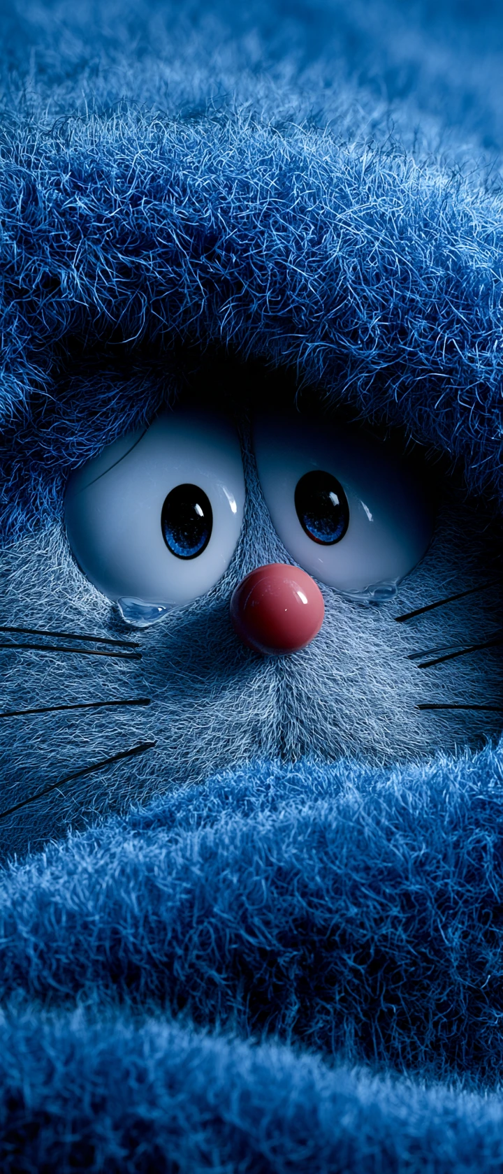 Doraemon espreita entre dobras de pelúcia azul, com grandes olhos marejados