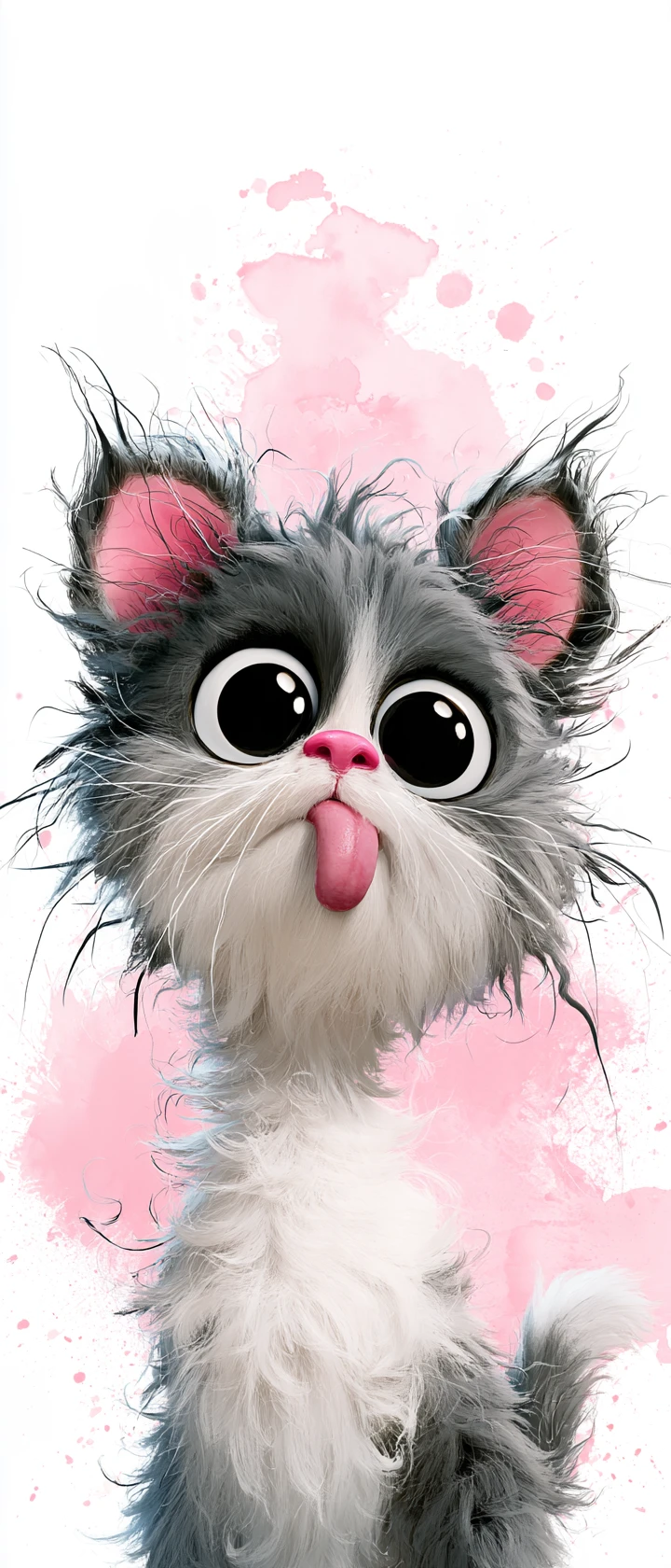 Um gato de desenho animado brincalhão mostra a língua diante de um fundo rosa